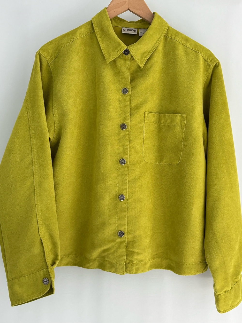 Chico’s chartreuse, green shacket, large/xlarge, micro suede poly